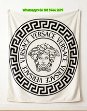 Versace White Black Medusa Greek Key Logo Printed Flannel Throw Blanket IMG_1275